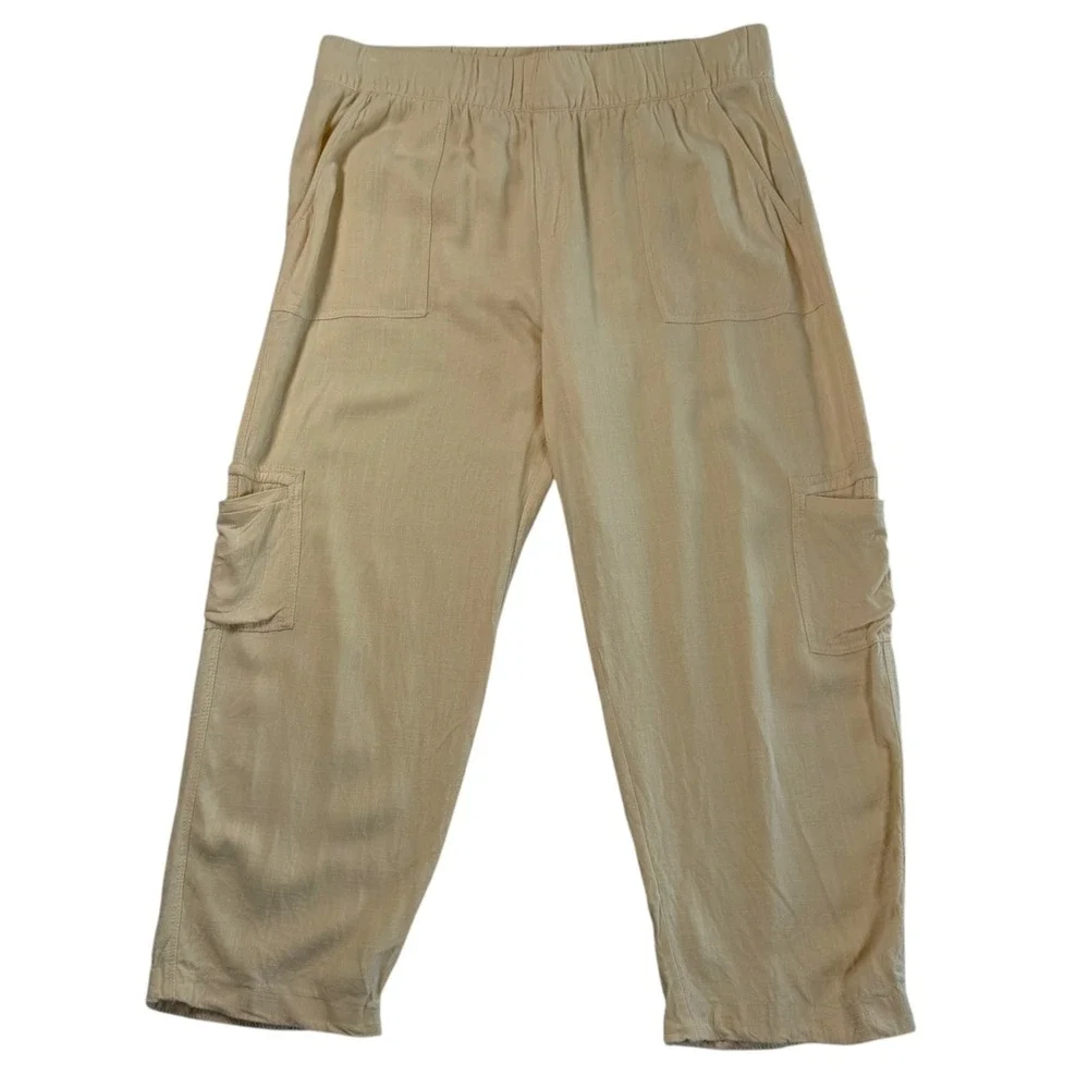 Soft Surroundings Womens Linen Blend Cargo Crop Pants‎ Sz L Beige Boho Coastal